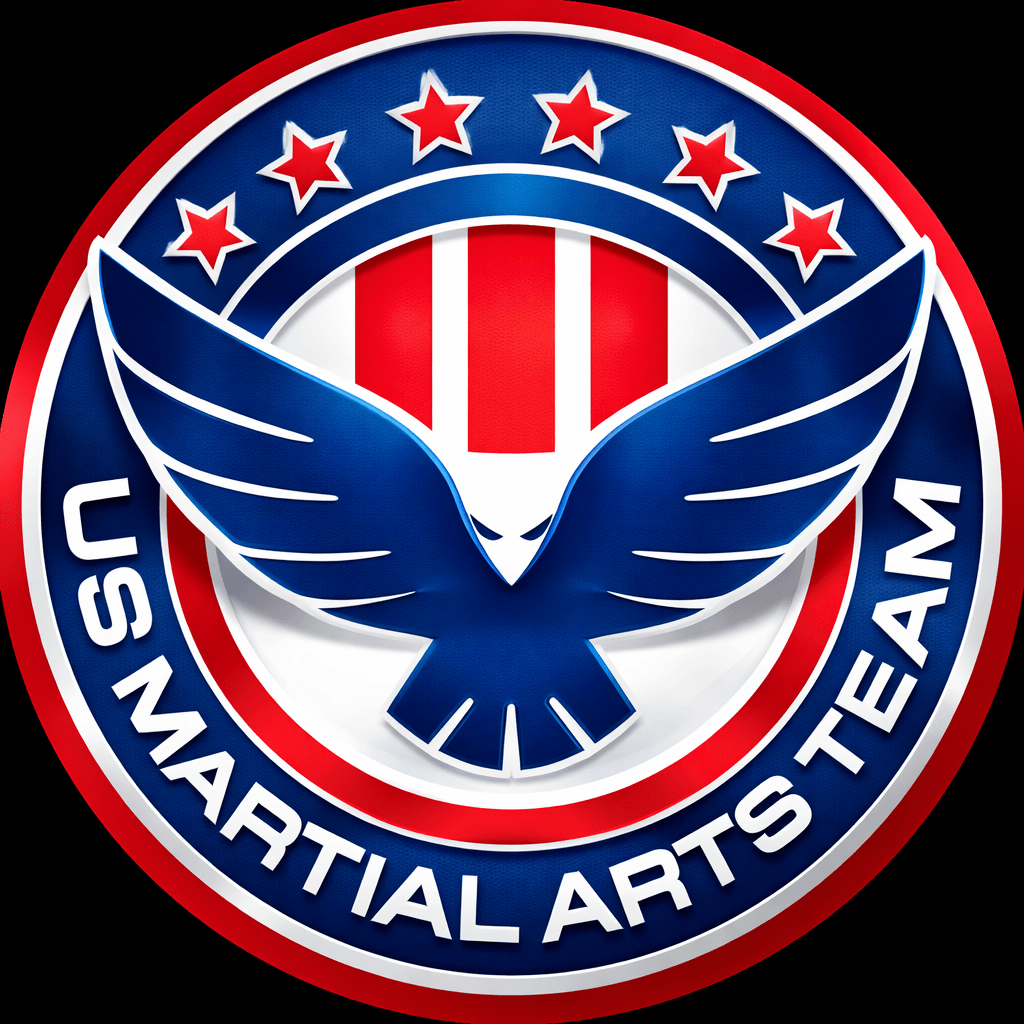 A circular logo with a blue eagle, red and white stripes, stars, and the text 'US MARTIAL ARTS TEAM'.
