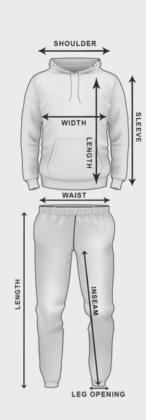 Diagram of clothing measurements including shoulder, width, length, sleeve, waist, inseam, and leg opening.