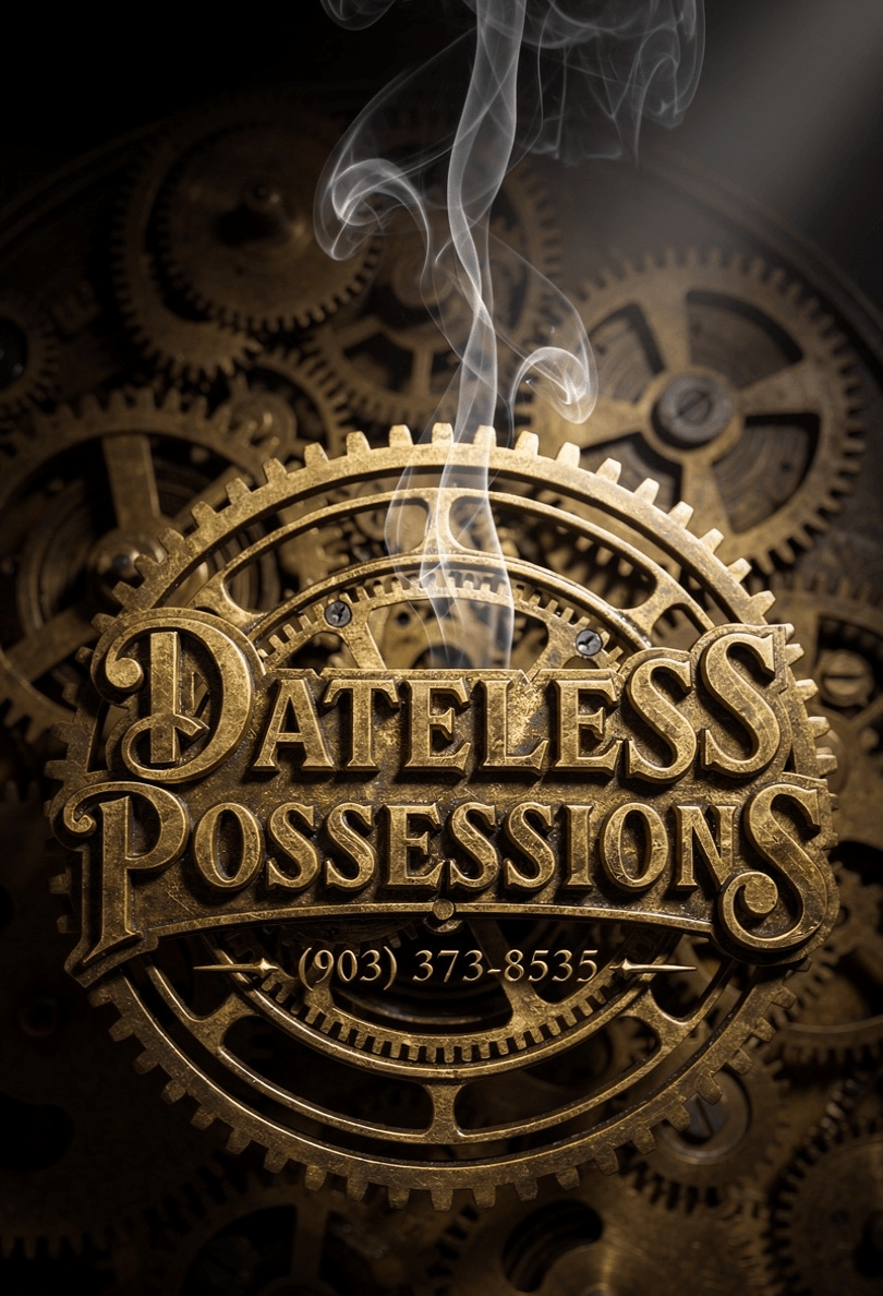Gears with smoke and the text 'Dateless Possessions' and a phone number, in a steampunk style.