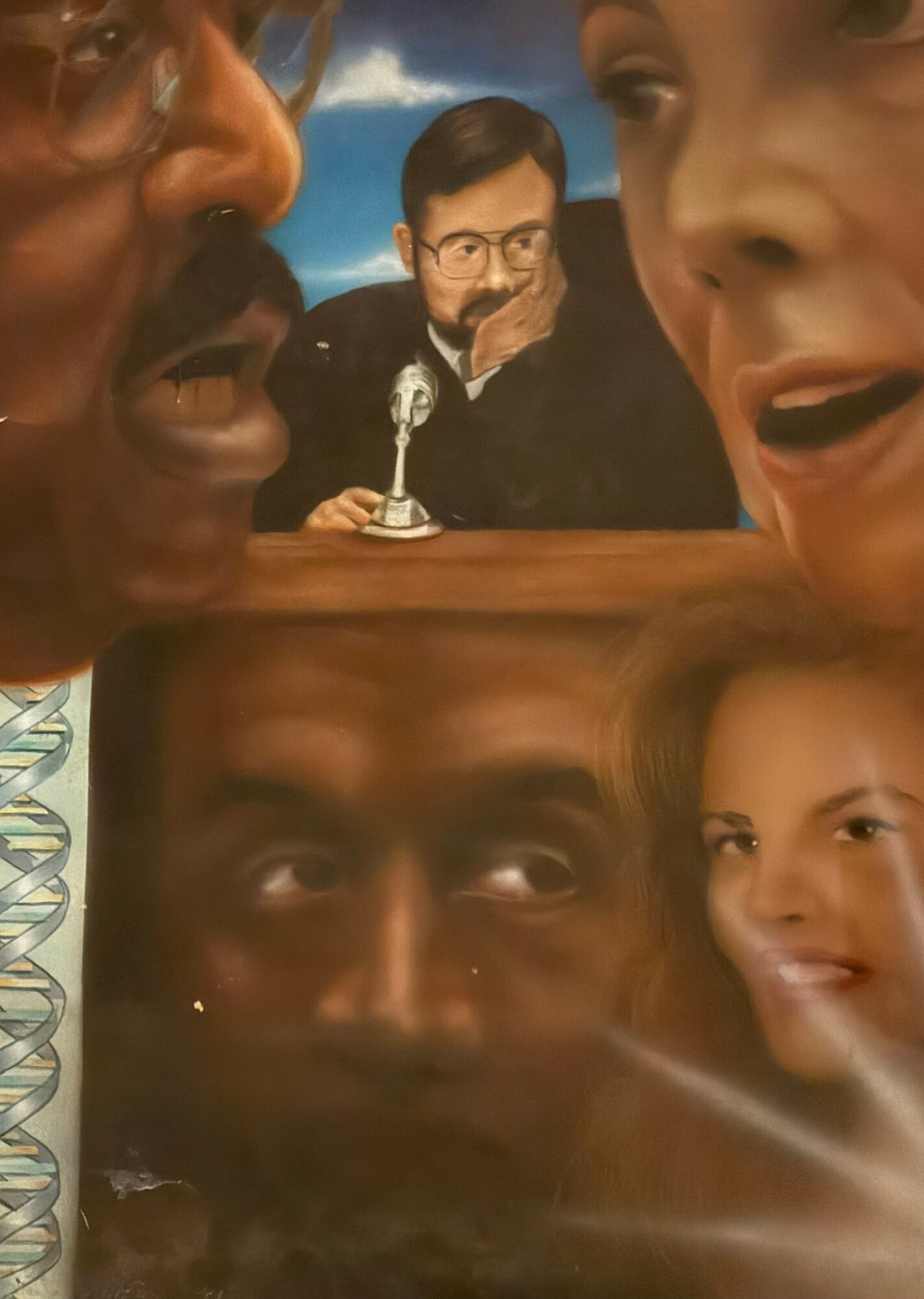 Close-up of three people with surprised expressions, a man in glasses in the background, and a young girl smiling on the right.