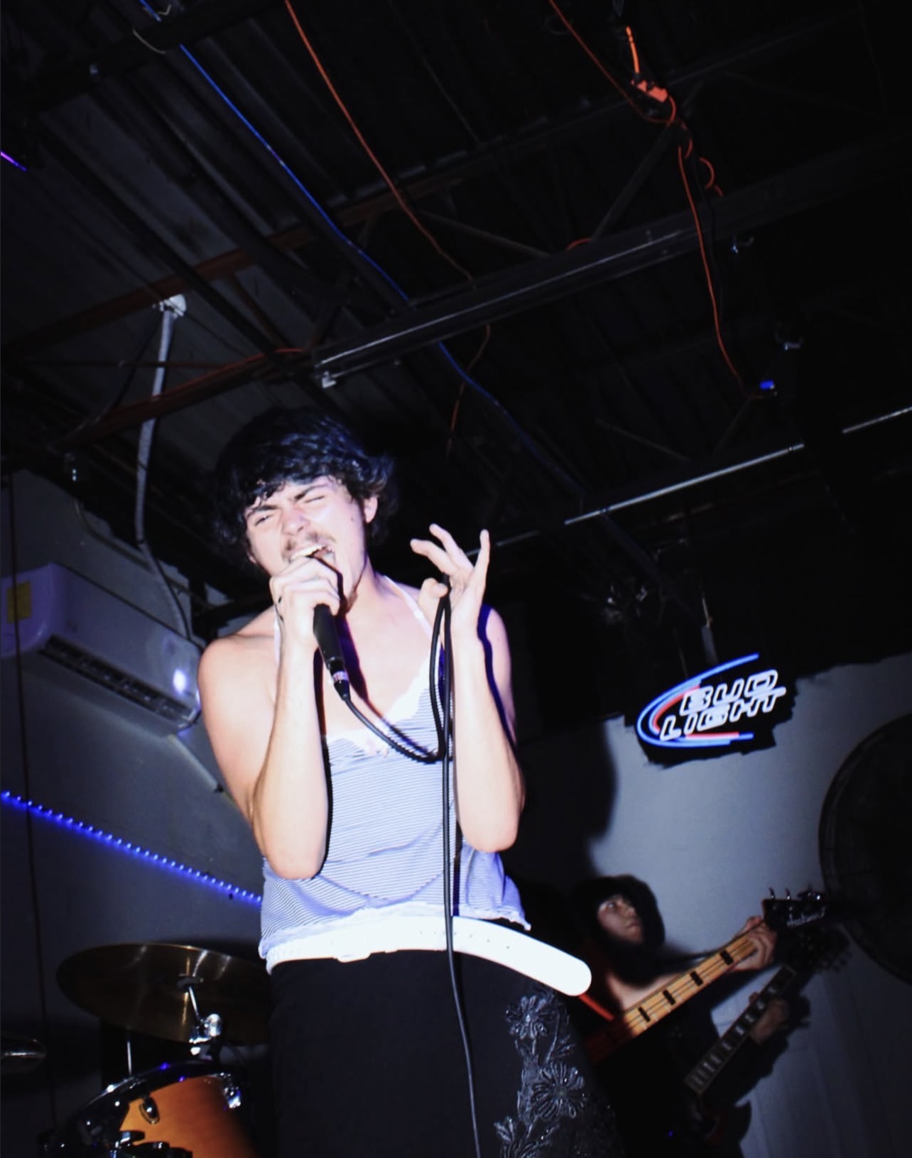 Person singing into a microphone on stage with a guitarist in the background, stage lighting visible.