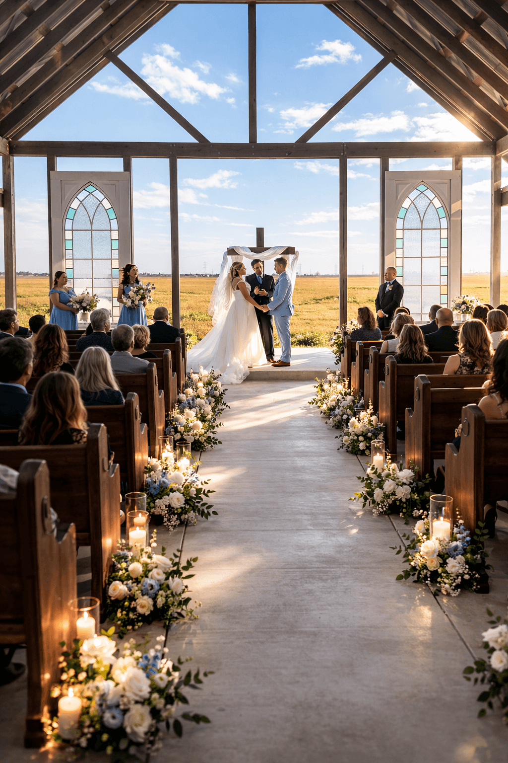 Wedding ceremony inside a church with large windows, bride and groom exchanging vows, guests seated, floral decorations along aisle.