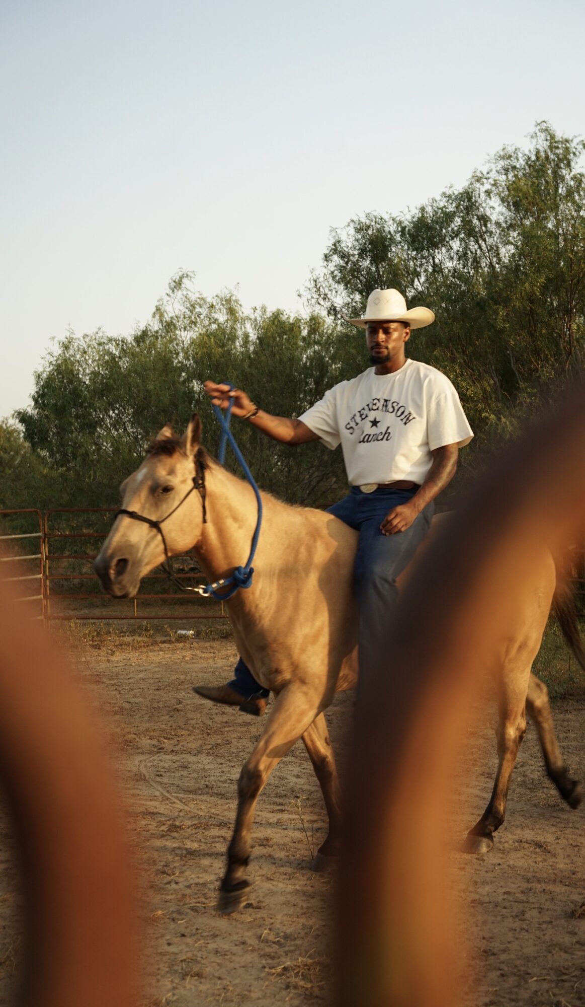 Person wearing a hat and white T-shirt riding a light-colored horse outdoors, trees in background.