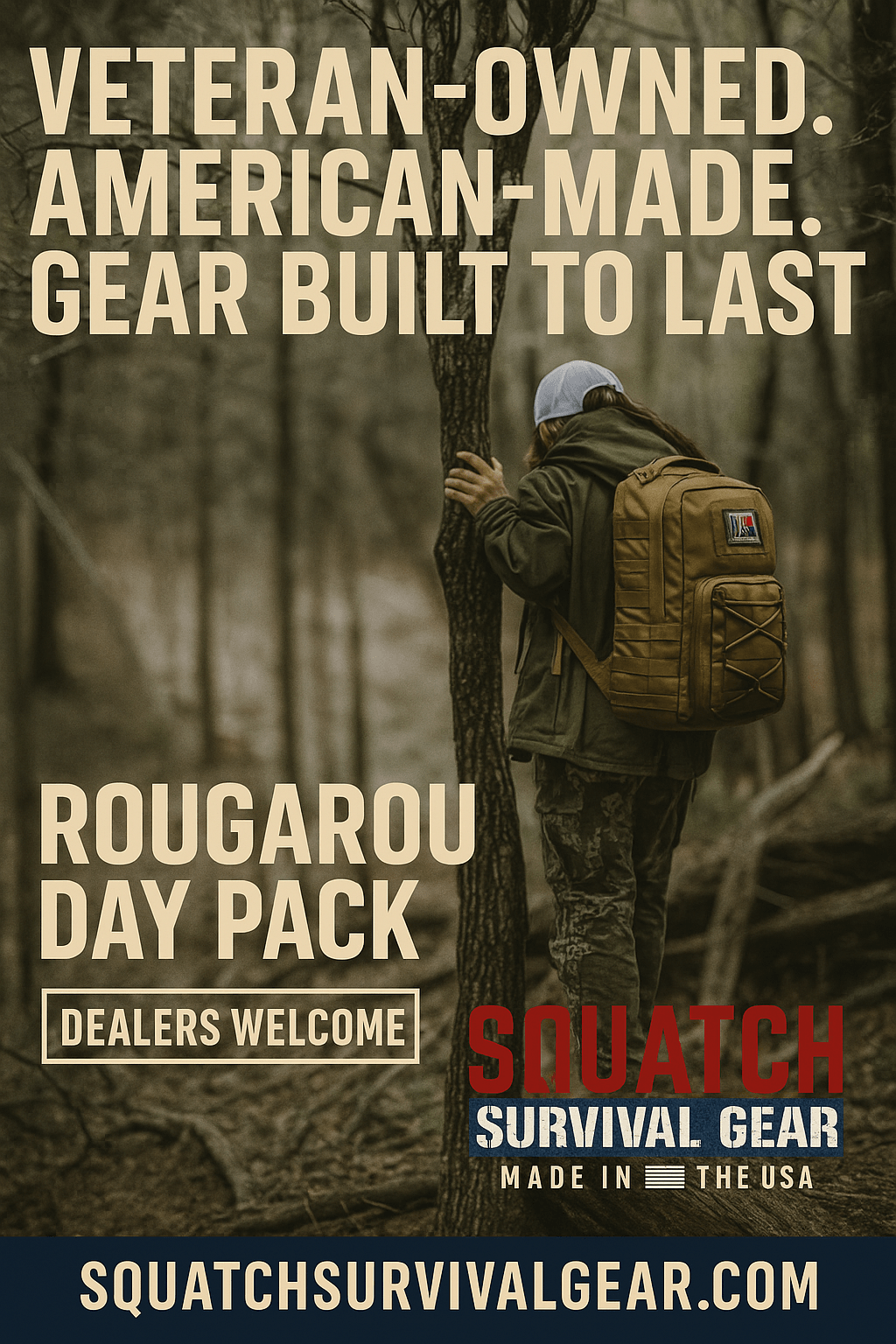 Person with backpack walking in a forest, wearing a hat and jacket, with text about veteran-owned gear and survival equipment.