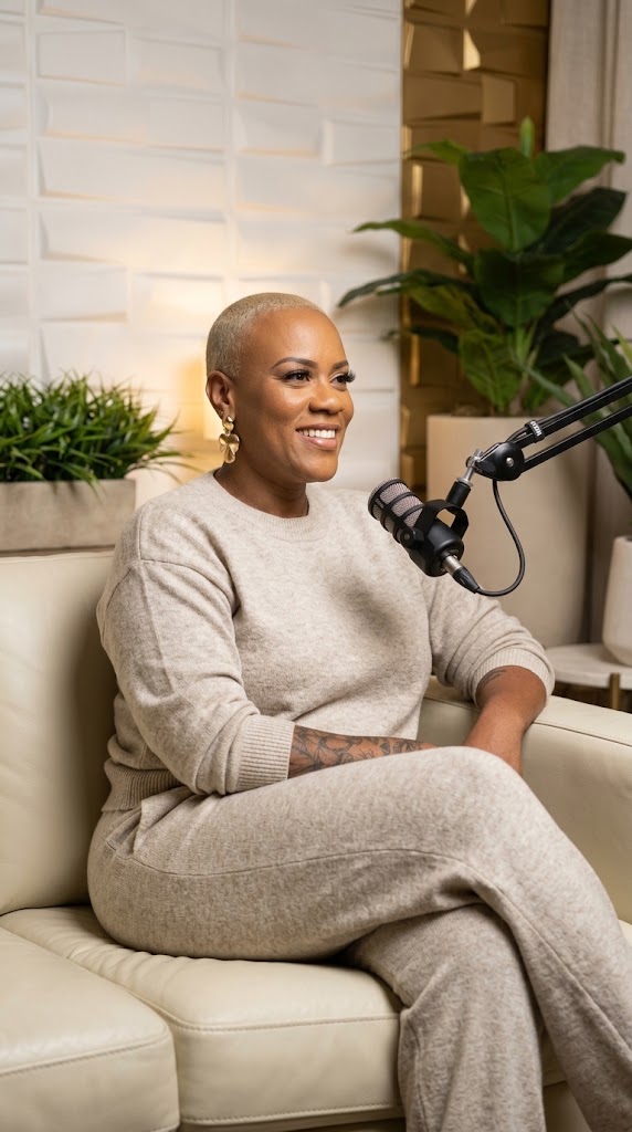 Woman with short hair smiling, sitting on a sofa with a microphone in front, in a room with plants and a white brick wall.