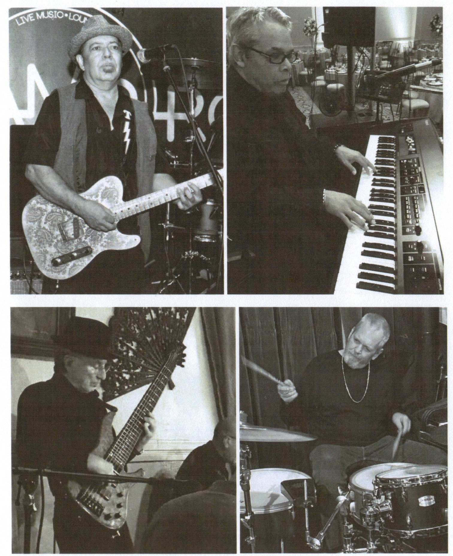 Four people playing musical instruments, including guitar, keyboard, and drums, in a room with various objects and equipment.
