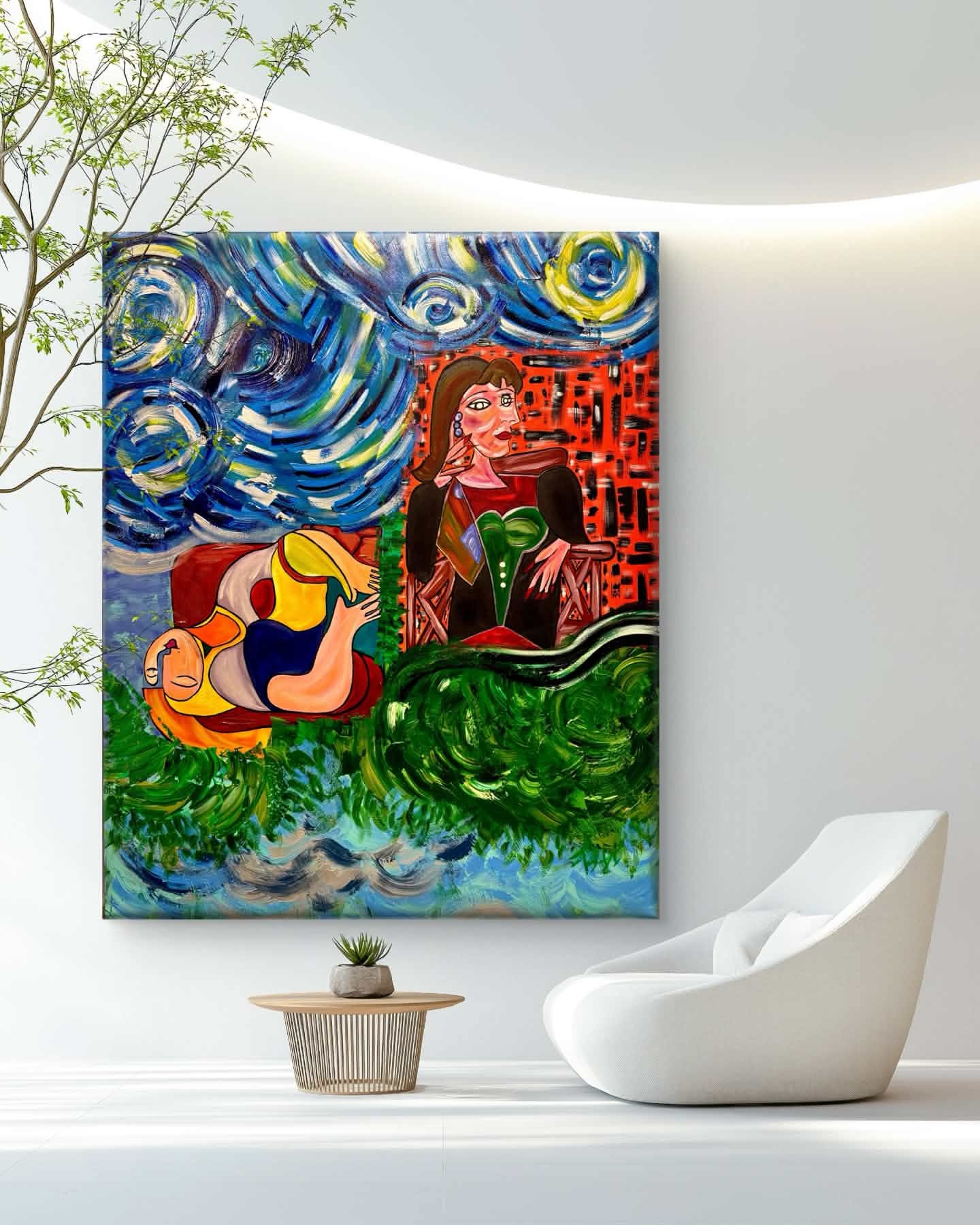 Colorful abstract painting with a woman, a dog, and vibrant swirling patterns, displayed on a white wall with a modern chair nearby.