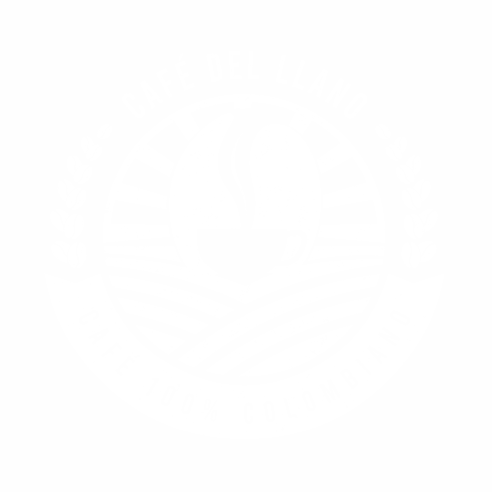 Logo with a steaming coffee cup, surrounded by text and coffee plant illustrations, on a black background.