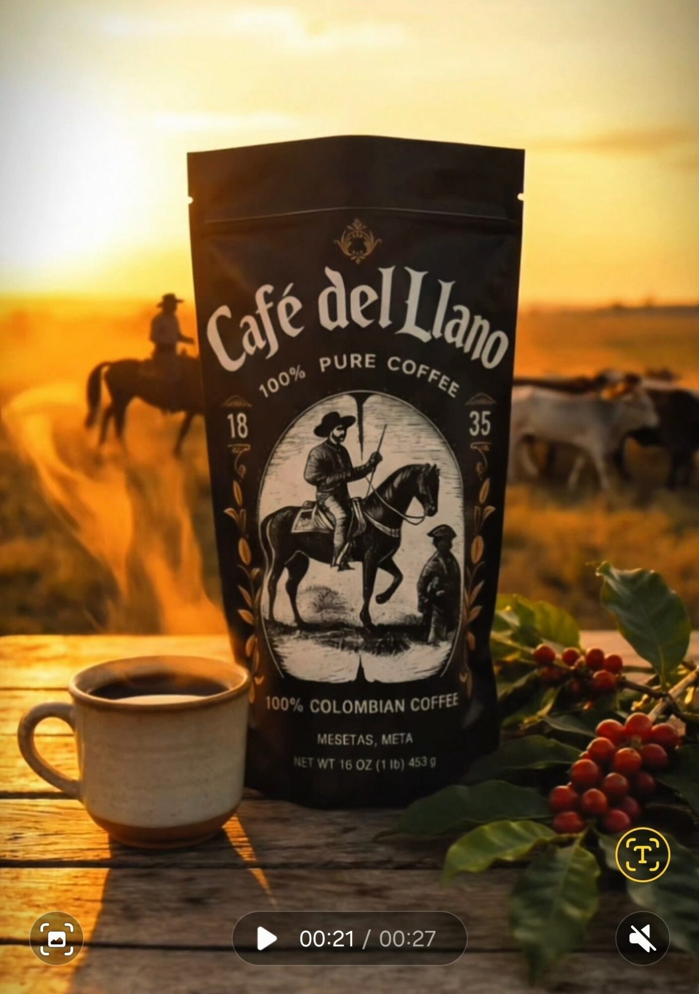 Bag of Café del Llano coffee with a cup of coffee and berries in front, sunset background, cows grazing nearby.