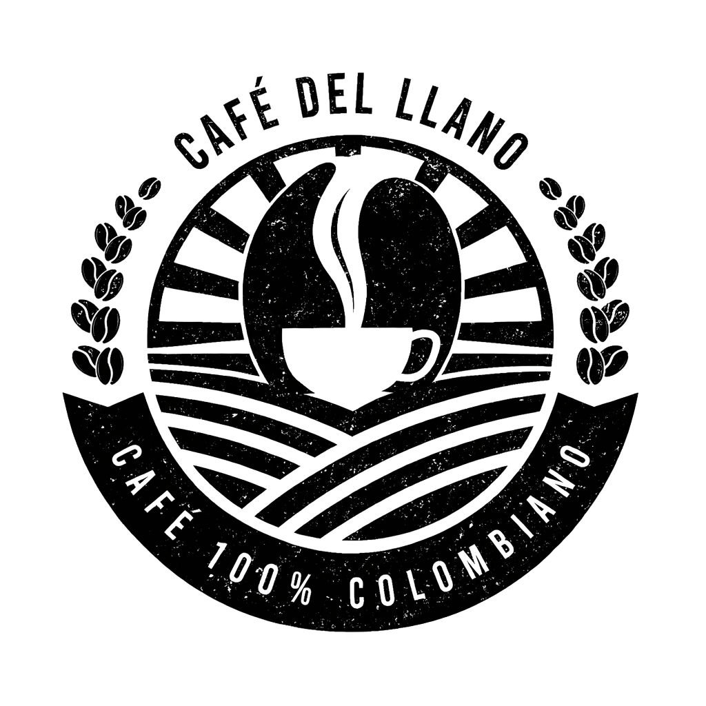 Black and white circular logo with a steaming cup, surrounded by text and decorative elements, representing Colombian coffee.