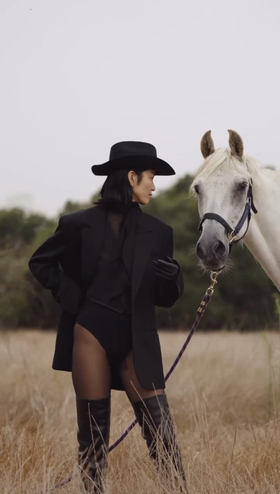 Woman in black coat and hat standing next to a white horse in an open field.