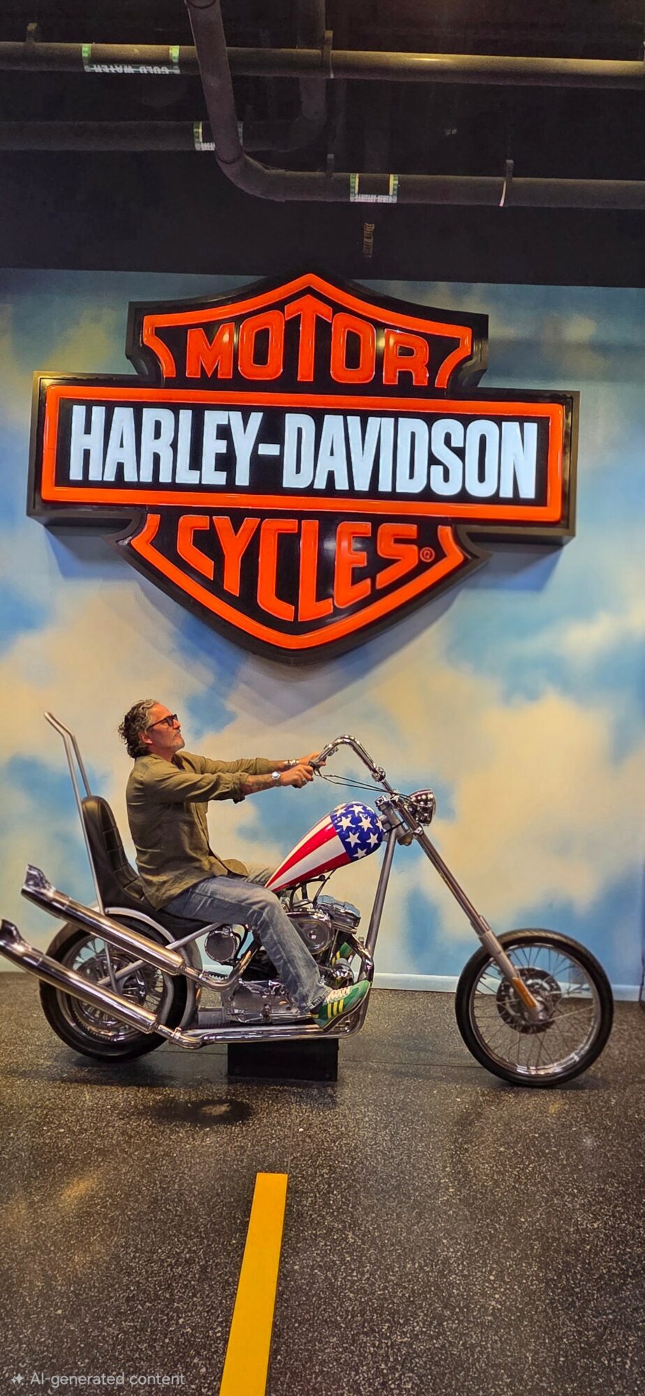 Harley-Davidson motorcycle with a person sitting on it, reaching out, against a cloudy sky background, with a Harley-Davidson sign above.